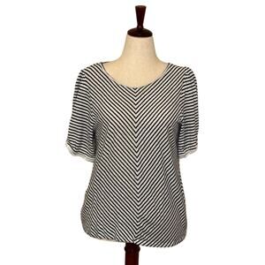 Chico's top black & white striped linen short sleeve fringe detail   Sz 2 US L